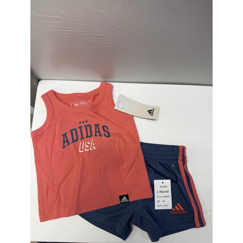 NWT Adidas Baby Boys Orange Coral Large Logo Tank & Shorts Outfit Set 3 Months